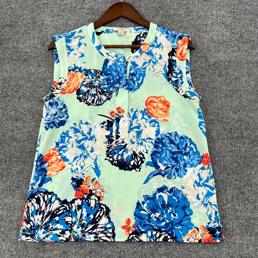 J Crew Sleeveless Blouse Womens 6P Green Blue Floral Henley Top Preppy Chic